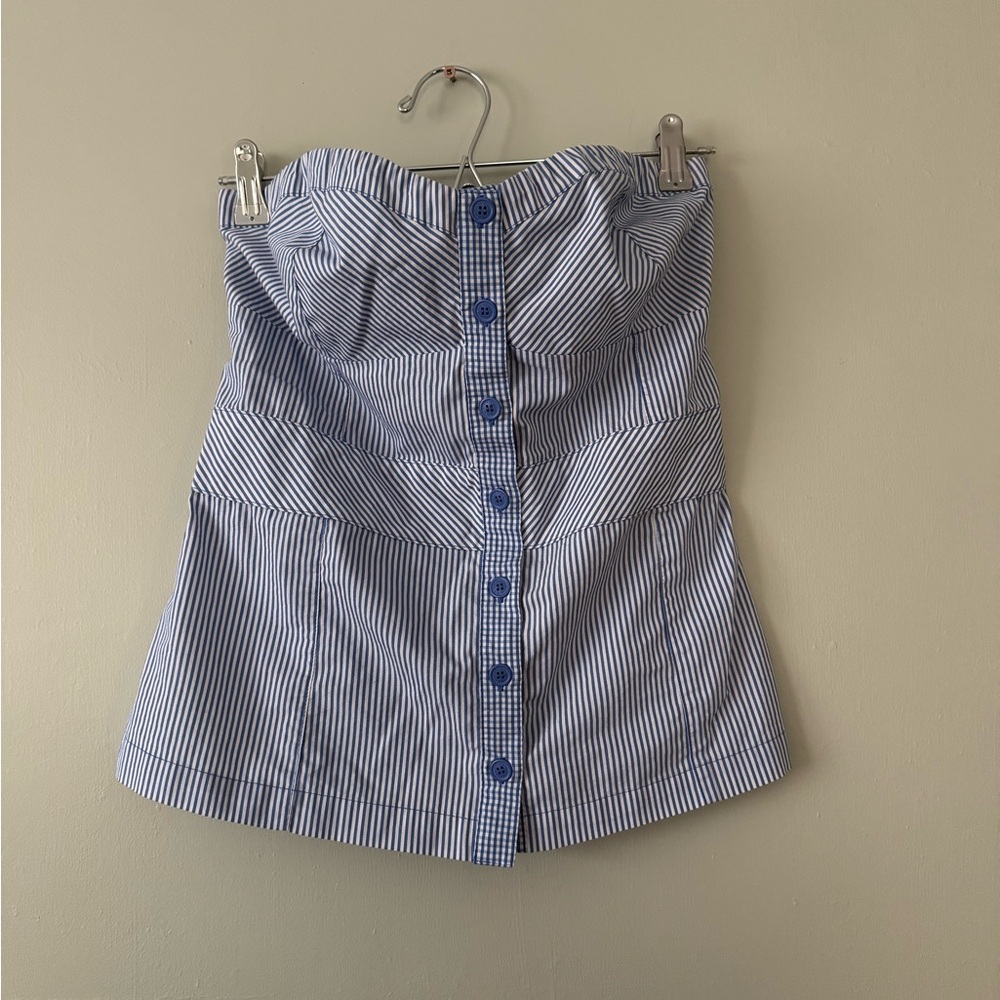 Striped Blue and White Strapless Top